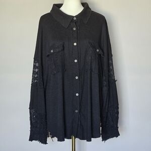 Surrealist USA Women's Black Boho Button-Up Long Sleeve Lace Top Size 3 (L)